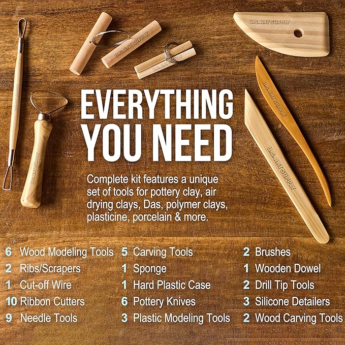 U.S. Art Supply Pottery & Clay Tools Set (53-Piece) - Includes Pottery Tools, Canvas Case for Sculpting, Ceramics, and Easy Storage & Transport