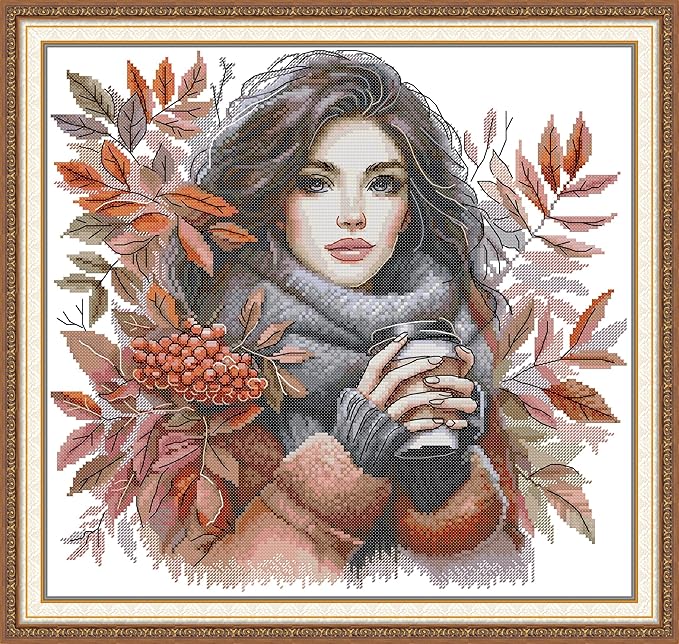 Threadhaven Cross-Stitch Kit 14CT Aida Counted Embroidery Complete Set with Fabric, Threads, Needles & Chart-Premium Beautiful Girls Design for Adults & Beginners- Autumn Coffee 16.1''×14.9''