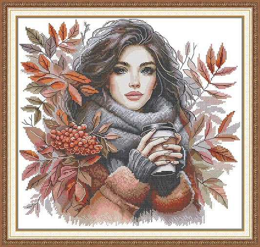 Threadhaven Cross-Stitch Kit 14CT Aida Counted Embroidery Complete Set with Fabric, Threads, Needles & Chart-Premium Beautiful Girls Design for Adults & Beginners- Autumn Coffee 16.1''×14.9''