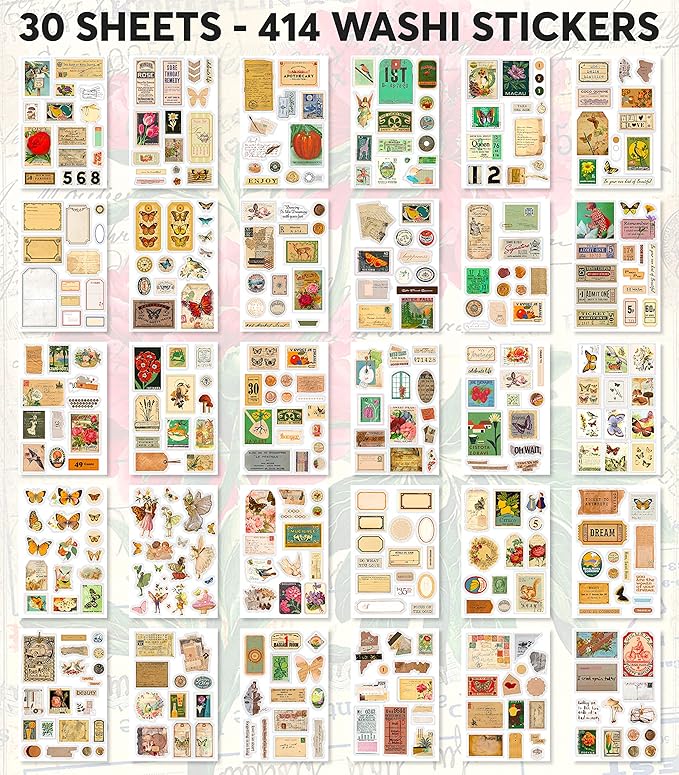 FAYWARE Vintage Washi Stickers for Journaling - Ephemera Book for Journaling with 414 Stickers & 20 Scrapbook Papers. Junk Journal Supplies, Scrapbooking Supplies