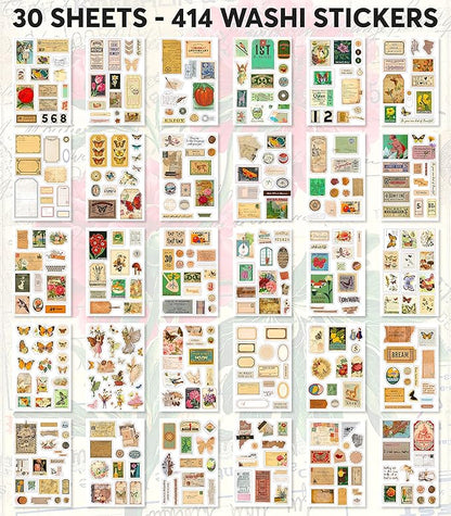 FAYWARE Vintage Washi Stickers for Journaling - Ephemera Book for Journaling with 414 Stickers & 20 Scrapbook Papers. Junk Journal Supplies, Scrapbooking Supplies