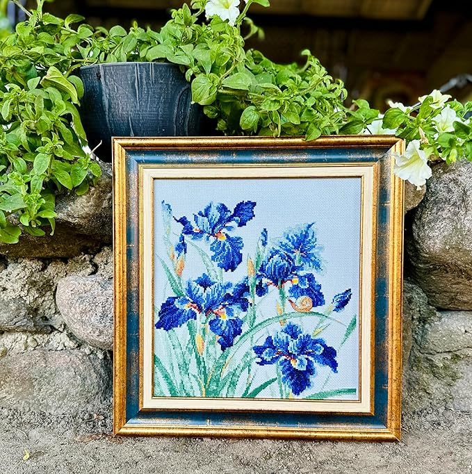 RIOLIS - Blue Irises 2102, Cross Stitch Kits 11¾" x 11¾", Cross Stitch Kits for Adults, Floral Counted Cross Stitch Kits, Embroidery Kit for Beginners & Advanced, Crossstitching Kits