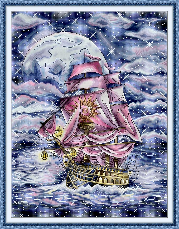CrossNest 14CT Counted Cross Stitch Kit for Beginners, Unprinted Complete DIY Embroidery Set with Pattern & Tools, Premium Aida Cloth & Threads (The Sailboat Under The Starry Sky)