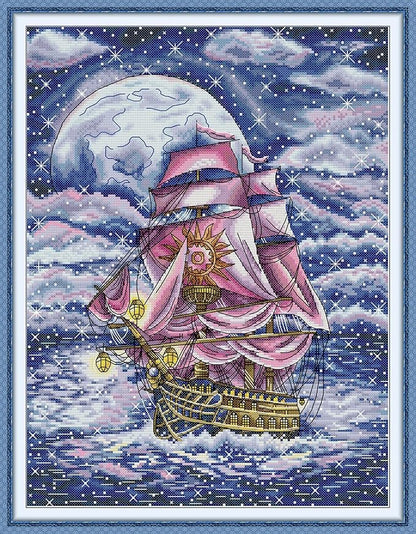 CrossNest 14CT Counted Cross Stitch Kit for Beginners, Unprinted Complete DIY Embroidery Set with Pattern & Tools, Premium Aida Cloth & Threads (The Sailboat Under The Starry Sky)