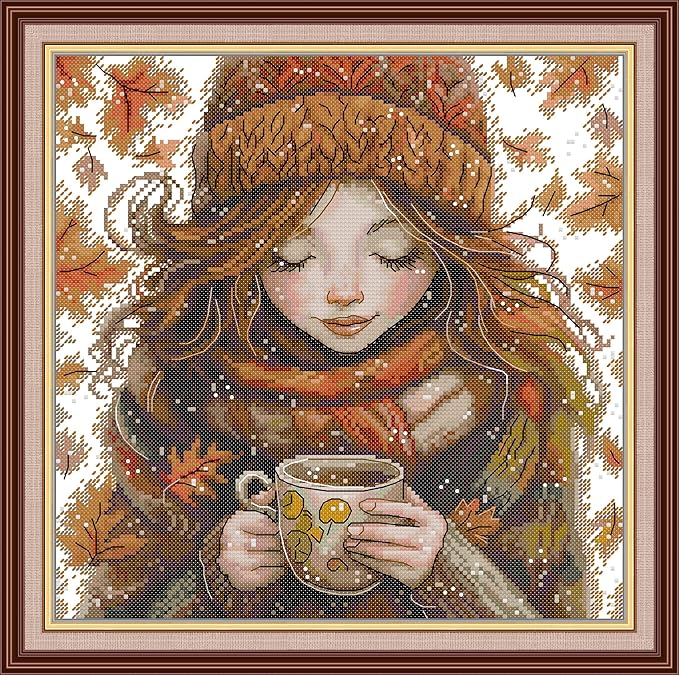 CrossNest 16CT Stamped Cross Stitch Kit for Beginners, HD Printed Complete DIY Embroidery Set with Pattern & Tools, Premium Aida Cloth & Threads (Winter Warm Tea)
