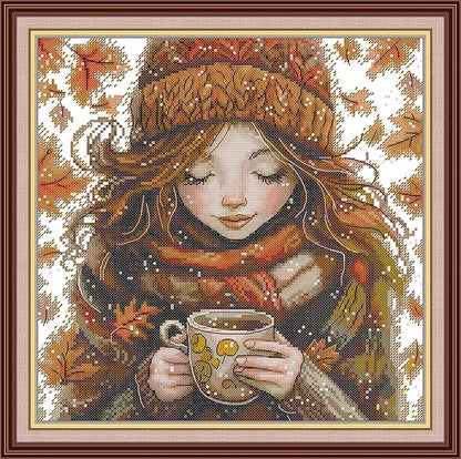 CrossNest 16CT Stamped Cross Stitch Kit for Beginners, HD Printed Complete DIY Embroidery Set with Pattern & Tools, Premium Aida Cloth & Threads (Winter Warm Tea)