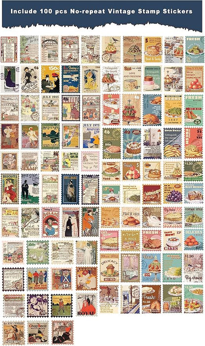 Prstincol 100 Pcs Scrapbooking Stickers,Food Stickers for Scrapbooking,Vintage Stamp Sticker for Journaling,Retro Poster Sticker for Water Bottle Laptop Phones Bullet Journal