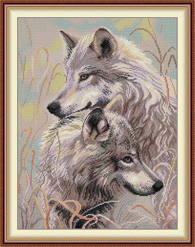 Funcrostitch Counted Cross Stitch Kits for Beginners,14ct Unprinted Pattern Embroidery Kit Dmc Cotton Threads Needleworks for Adults-Two Wolves 14.6"×19"