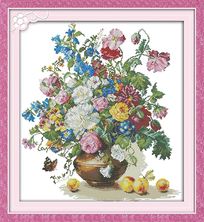 ITSTITCH Stamped Cross Stitch for Adults 11CT 25X25 inch DIY Embroidery Starter Kits Easy Patterns Embroidery for Hand Crafts DMC Printed Cross Stitch Kits Supplies Needlework -Flower and Peach