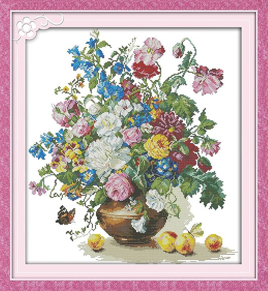 ITSTITCH Stamped Cross Stitch for Adults 11CT 25X25 inch DIY Embroidery Starter Kits Easy Patterns Embroidery for Hand Crafts DMC Printed Cross Stitch Kits Supplies Needlework -Flower and Peach