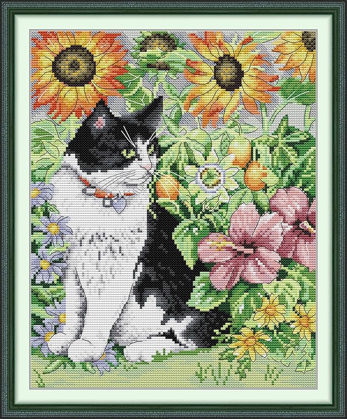 Funcrostitch Counted Cross Stitch Kits for Beginners,14ct Unprinted Pattern Embroidery Kit Dmc Cotton Threads Needleworks for Adults-Cat in Flower 11.8"×13.8"
