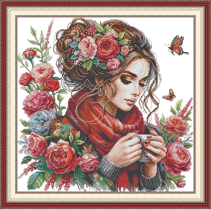 CrossNest 16CT Stamped Cross Stitch Kit for Beginners, HD Printed Complete DIY Embroidery Set with Pattern & Tools, Premium Aida Cloth & Threads (Flower Like Girl)