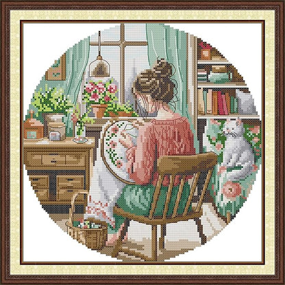 CrossNest 16CT Stamped Cross Stitch Kit for Beginners, HD Printed Complete DIY Embroidery Set with Pattern & Tools, Premium Aida Cloth & Threads (Embroidered Girl)
