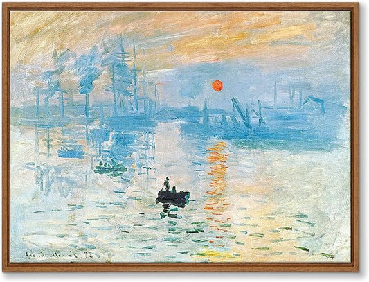 WENGTIAO Impression Sunrise Claude Monet Framed Canvas Wall Art Prints Natural Sunrise Scenery Oil Paintings Reproduction Blue Seascape Canvas Picture Artwork Decor for Living Room Bedroom 16x24 inch