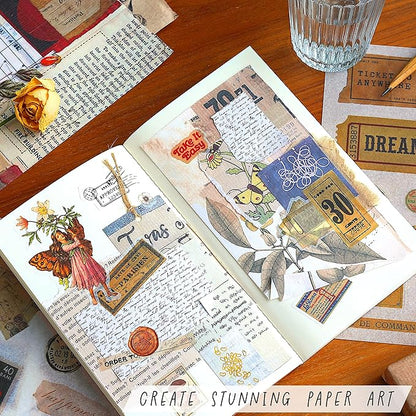FAYWARE Vintage Washi Stickers for Journaling - Ephemera Book for Journaling with 414 Stickers & 20 Scrapbook Papers. Junk Journal Supplies, Scrapbooking Supplies