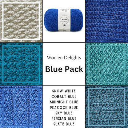 Woolen Delights Soft Wool Yarn for Crocheting, 7-Pack (1218Yds / 700G), Free Patterns - #4 Medium Aran/Heavy Worsted Weight Wool Yarn for Knitting - Blue Pack