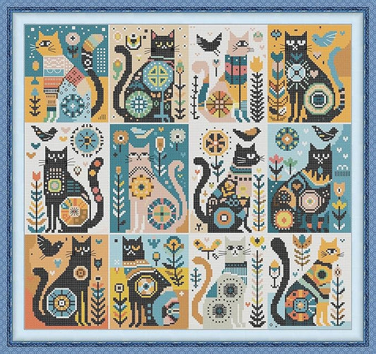 Funcrostitch Counted Cross Stitch Kits for Beginners,14ct Unprinted Pattern Embroidery Kit Dmc Cotton Threads Needleworks for Adults-Twelve Black Cats 18"×17"